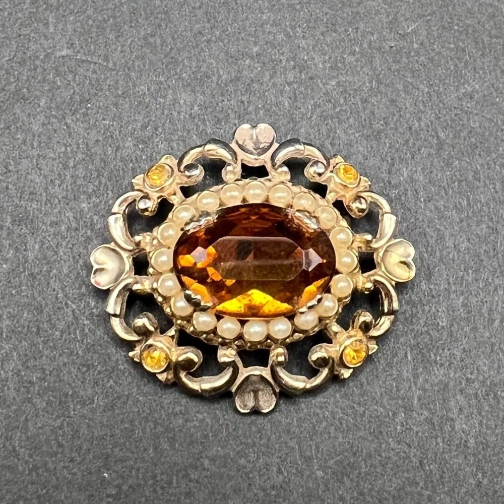 Coro Vintage Rhinestone Brooch‎ Gold Tone Cognac Glass Faux Pearls Pin